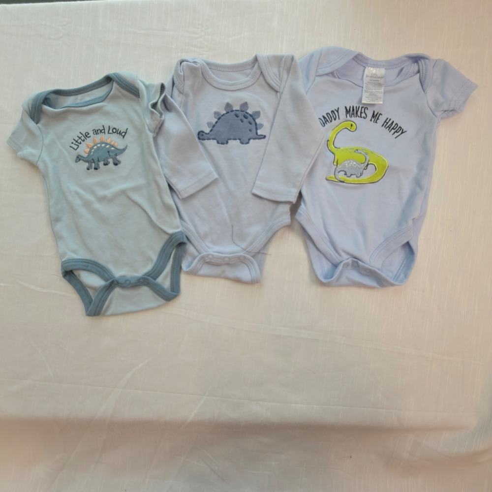 Mixed Brand Dinosaur Bodysuit Set Baby 0-3M Blue Excellent Embroidered 3pc